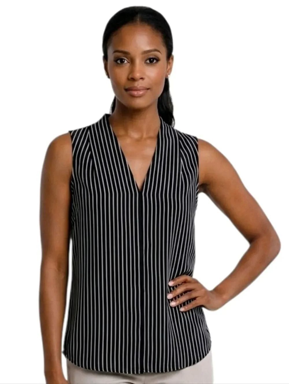 Banana Republic Navy Blue Striped V-neck Button Down Sleeveless Blouse Size XXSP